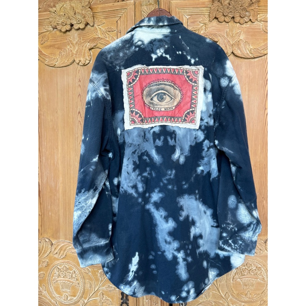 Bleached Indigo Shammy‎ Shacket XL Tall All Seeing Eye Patch Art Wear Jacket - Picture 9 of 10